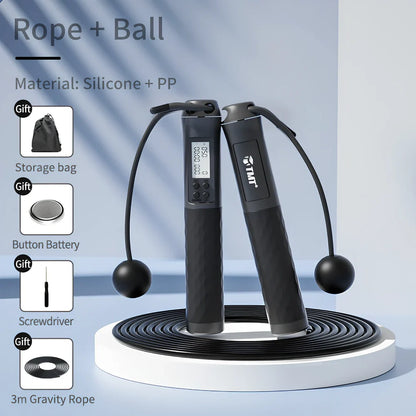 Digital skipping rope with adjustable 300cm length and LCD display showing calorie counter and timer metrics