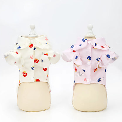 Cotton puppy shirt vest in pink or beige, mushroom design, sizes S to XXL for small dogs