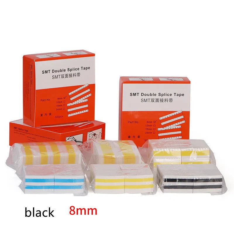 Reels of yellow, black, blue, and beige double-sided splicing tape for SMT placement machines in various widths.