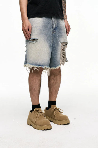 Men's light blue denim shorts with a baggy wide-leg and retro washed finish