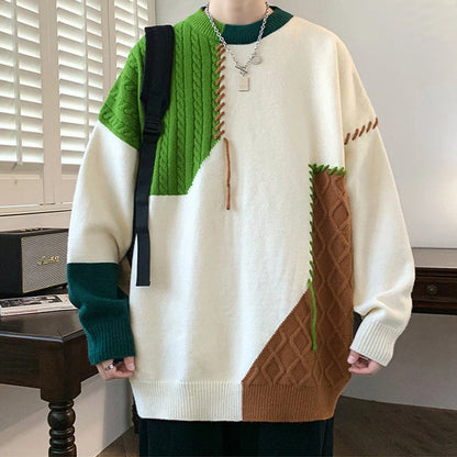 Men's colorblock pullover sweater in green, orange, and gray for winter fashion