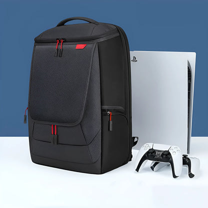 Black nylon game console storage bag for PS5 and games kit, 49 x 33 x 24cm, sewn construction