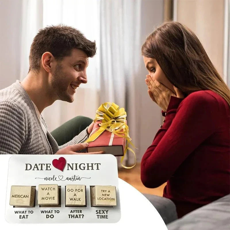 Romantic wooden date night dice set with 5 dice, date planner board, and storage bag for spontaneous couple's activities