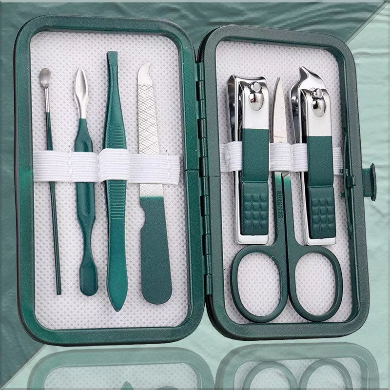 Professional stainless steel manicure set with emerald green case