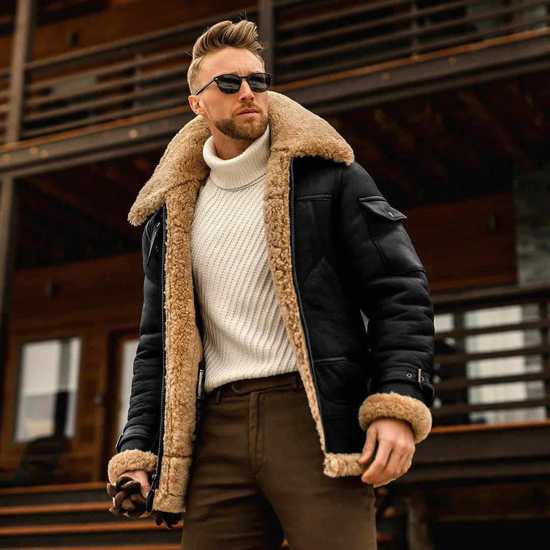 Warm military-style fleece jacket with fur collar, available in multiple color options and sizes