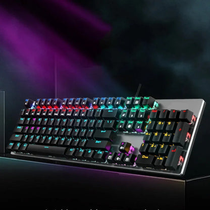 Real Mechanical Keyboard GK410 with 104 keys, metal frame, USB cable, and backlit keys for desktop computers