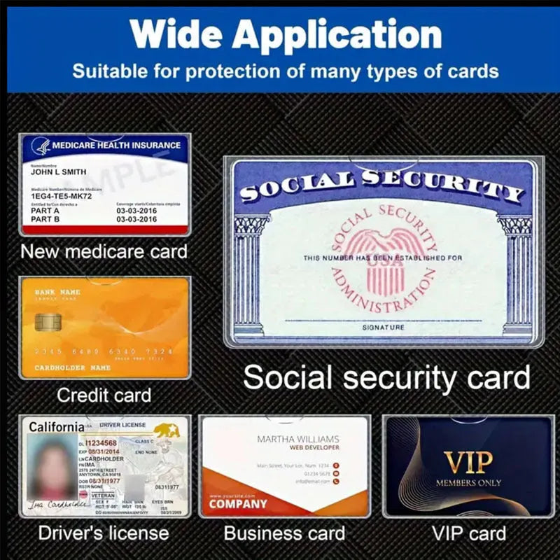 Clear PVC waterproof cover for social security card, dimensions 9.7 by 5.9 cm.