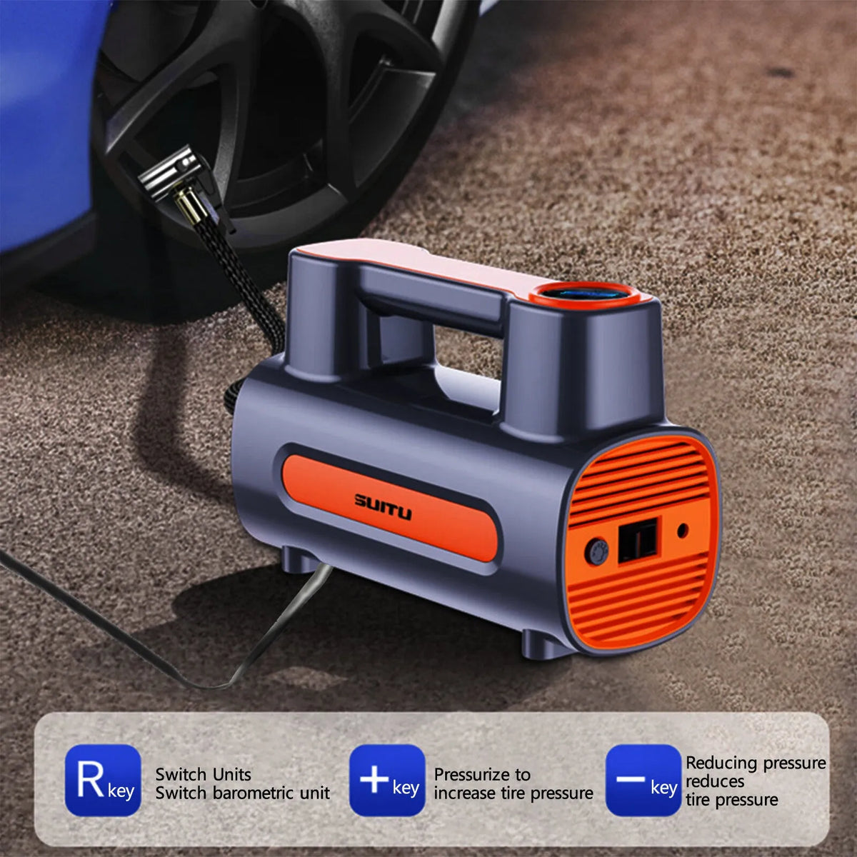 Cordless portable car tyre inflator pump with digital LCD display on black ABS plastic body