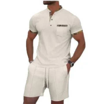 Men's grey waffle texture polo collar short sleeve suit with zipper and matching shorts for summer wear