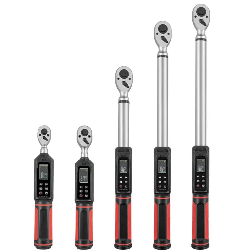 Electronic digital display torque wrench with a chrome-vanadium steel body on a workshop bench.