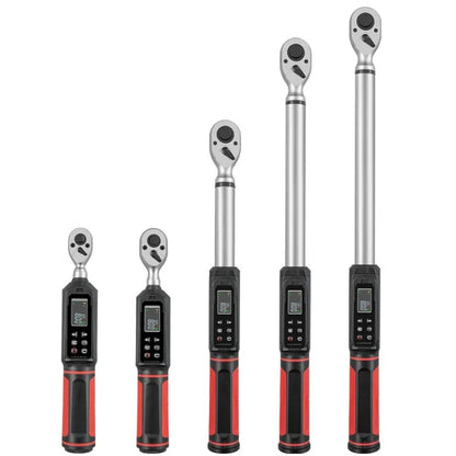 Electronic digital display torque wrench with a chrome-vanadium steel body on a workshop bench.