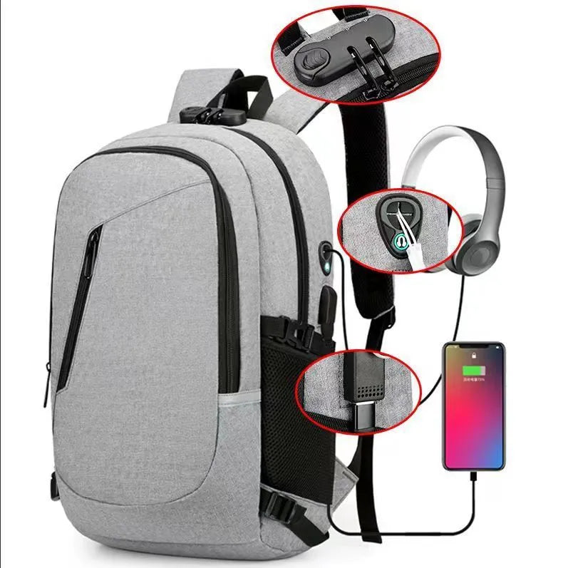 Men's grey computer backpack with 20-35L capacity showing Oxford cloth construction and organisational compartments