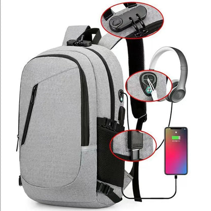 Men's grey computer backpack with 20-35L capacity showing Oxford cloth construction and organisational compartments