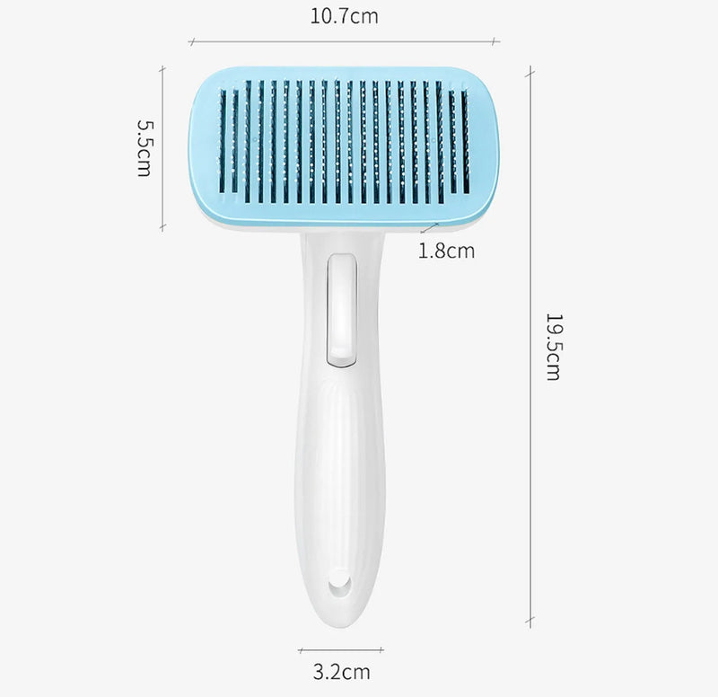Pet automatic hair removal comb for dogs and cats with one-click hair removal needle technology in blue, grey, green or pink measuring 10.7cm wide by 19.5cm tall and weighing 142g