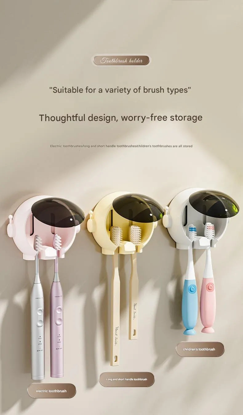 Cartoon wall-mounted no-drilling toothbrush holder in pink, white, and yellow for bathroom storage