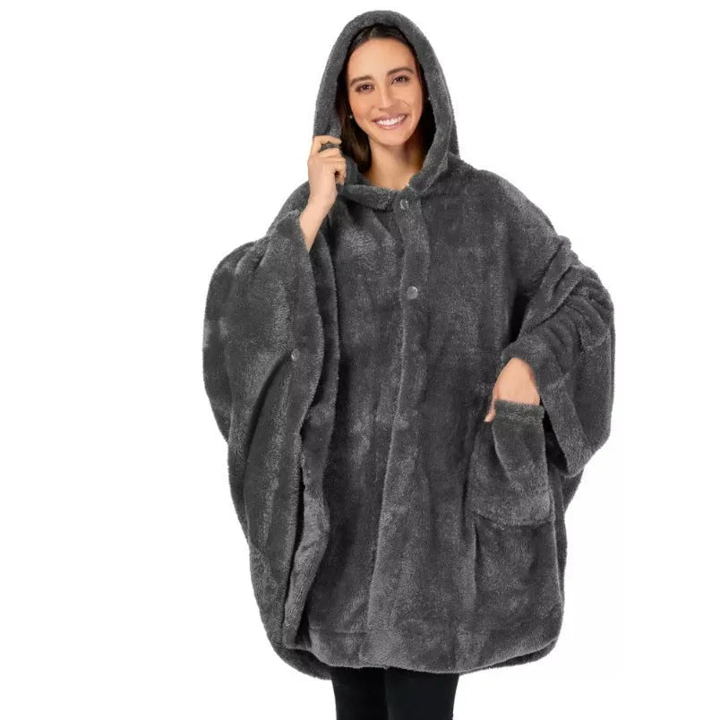 Thick hooded cloak bathrobe in polyester available in black, dark grey and pink colours