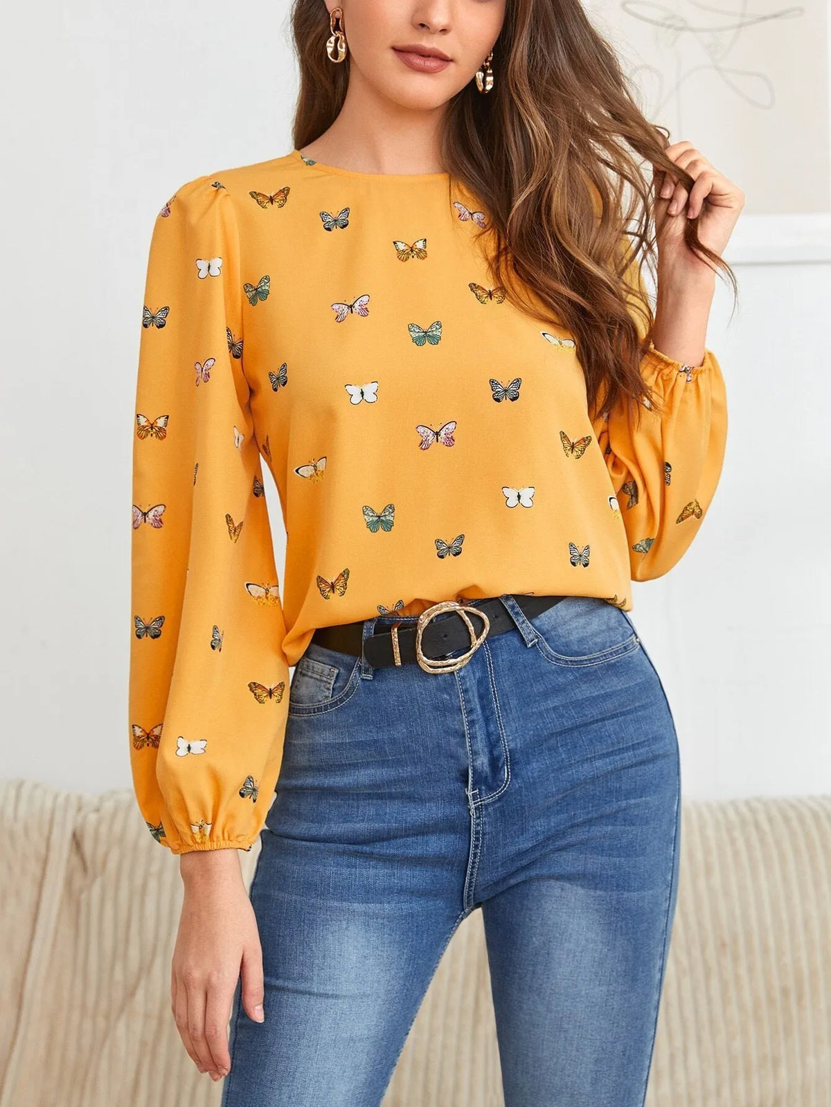 Women's loose fit long-sleeved shirt with colourful butterfly print in green colour option
