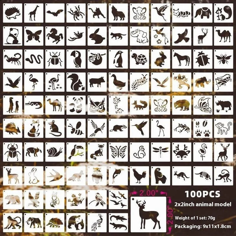 Milky white PET film spray painting stencil sheets with hollow-cut animal, floral, letter, and mandala designs.