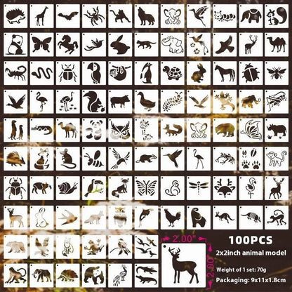 Milky white PET film spray painting stencil sheets with hollow-cut animal, floral, letter, and mandala designs.