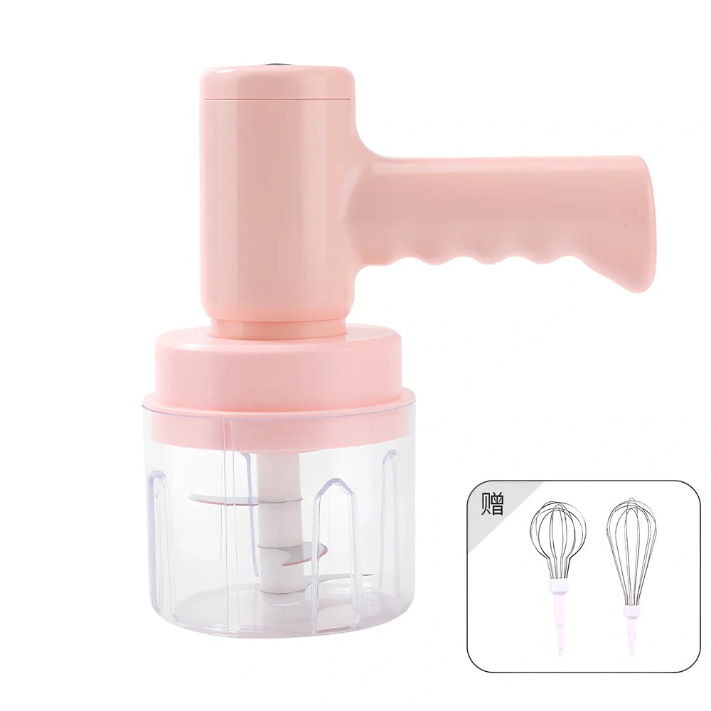 Pink electric whisk with stainless steel beaters showing 5-speed dial and compact 12cm housing