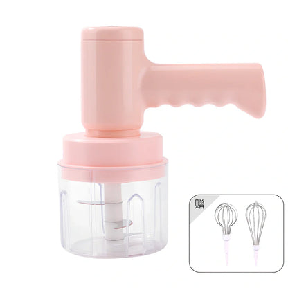 Pink electric whisk with stainless steel beaters showing 5-speed dial and compact 12cm housing