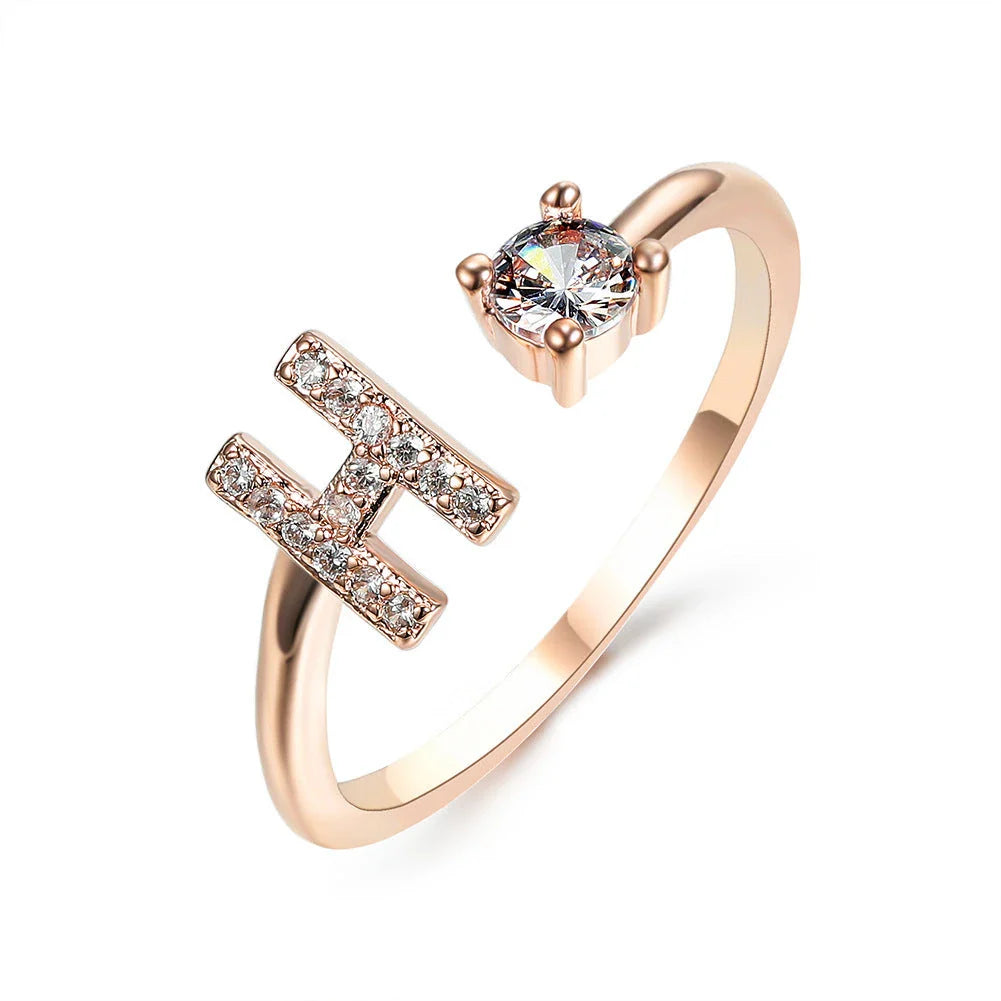 Personalized Initial Letter Adjustable Ring made of copper alloy and zircon, showcasing a vintage-inspired design
