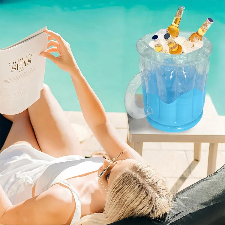 Eco-friendly PVC inflatable ice bucket for parties, beach outings, and camping in a cheerful yellow colour with a practical beer steins design, measuring 27cm in height for a portable cold drink storage solution