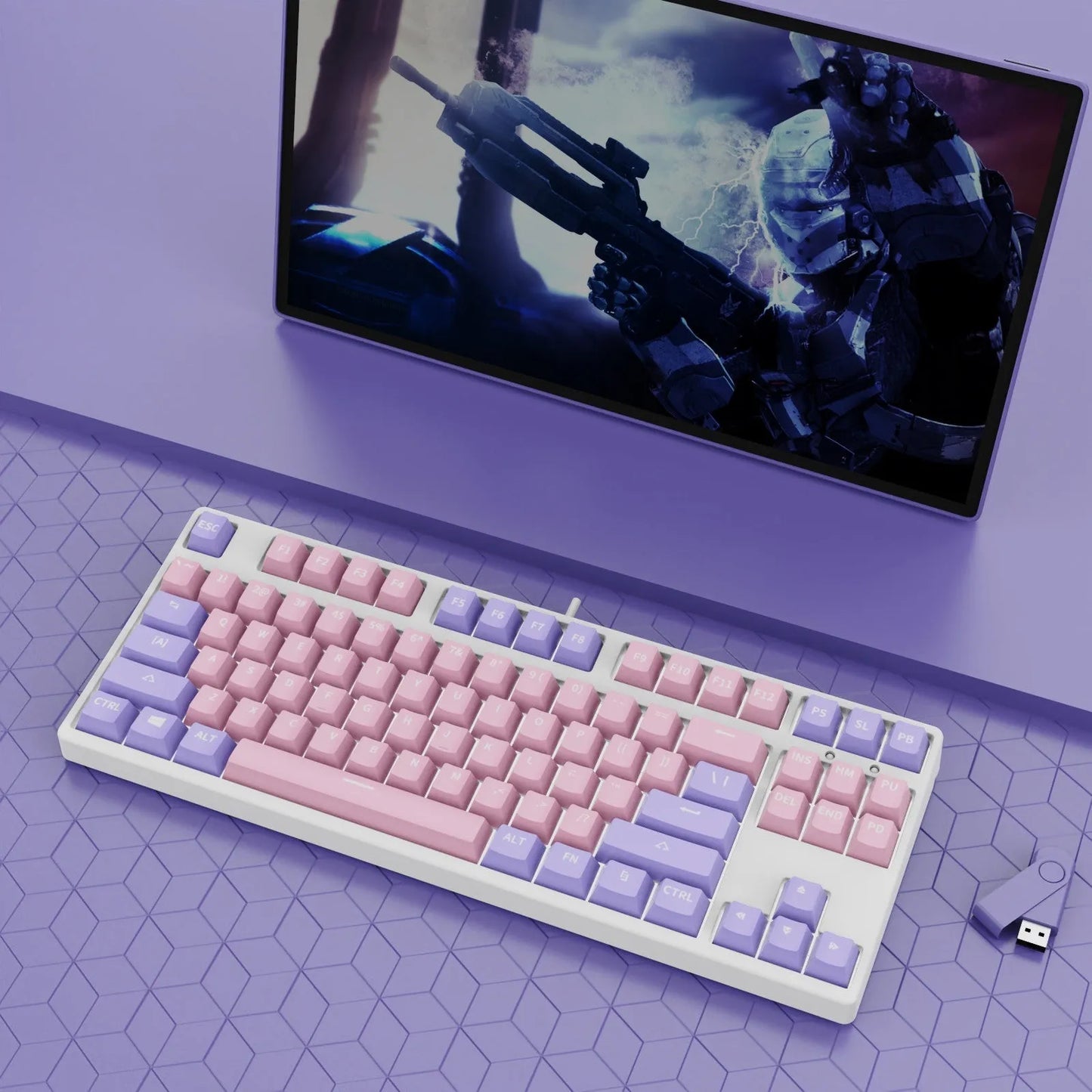 87-key mechanical keyboard with two-tone coloured keycaps on metal case