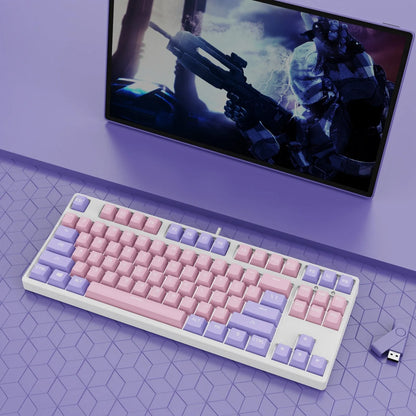 87-key mechanical keyboard with two-tone coloured keycaps on metal case