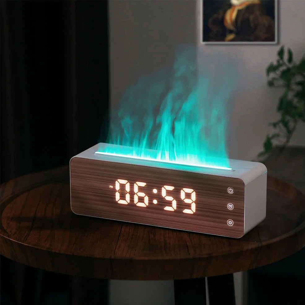 White flame-shaped humidifier with clock display measuring 28cm wide on desktop