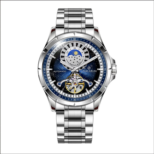 Men's silver alloy automatic watch with blue dial and stainless steel strap on wrist