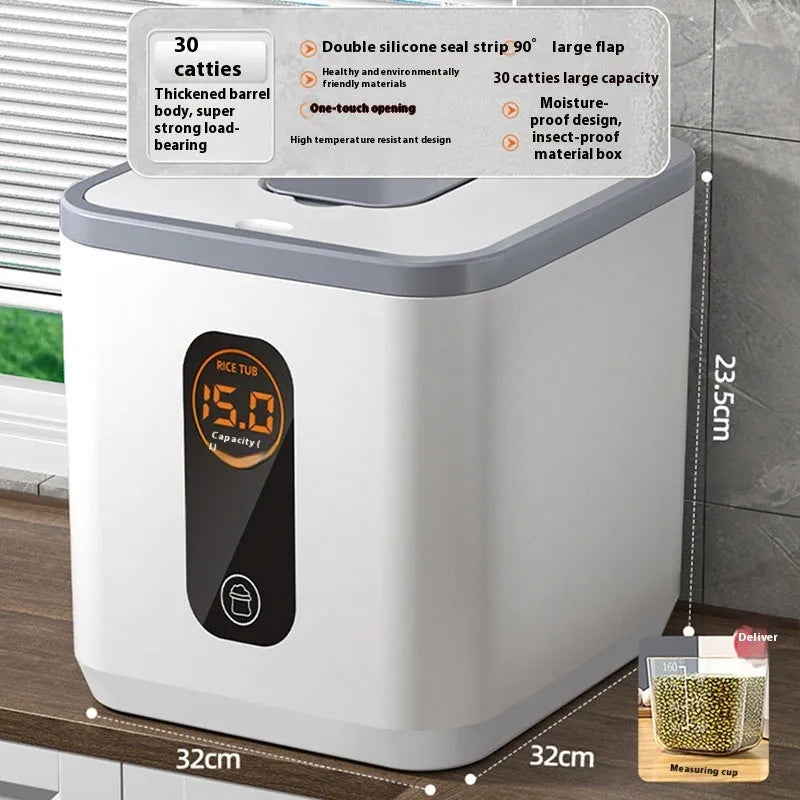 Gray food-grade plastic rice jar with airtight lid and measuring cup for insect-proof storage