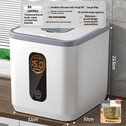 Gray food-grade plastic rice jar with airtight lid and measuring cup for insect-proof storage