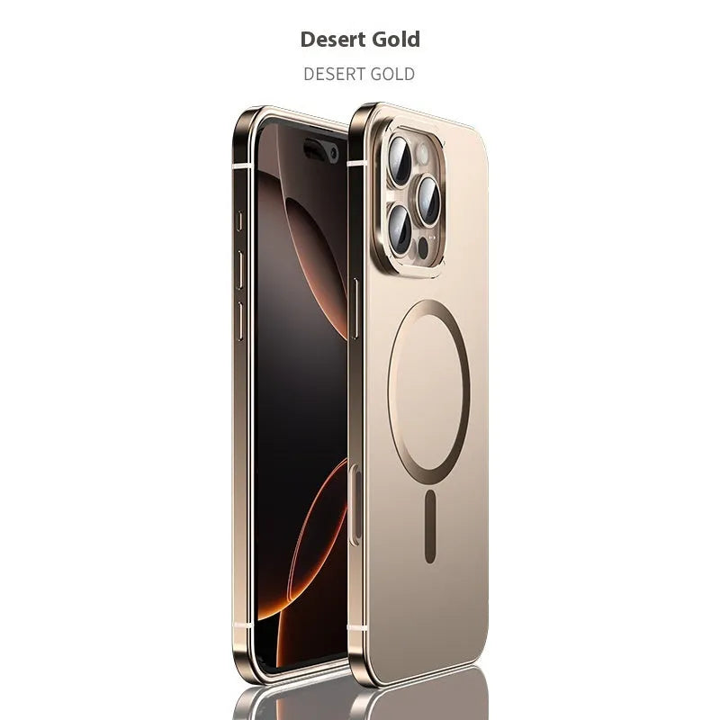 Magnetic suction iPhone case in Desert Gold with stainless steel and acrylic half-pack design and laser finish.