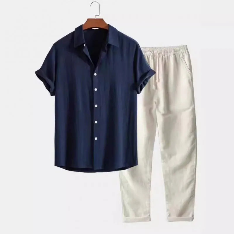 Men's loose fit short sleeve shirt and trousers casual suit set in various colours