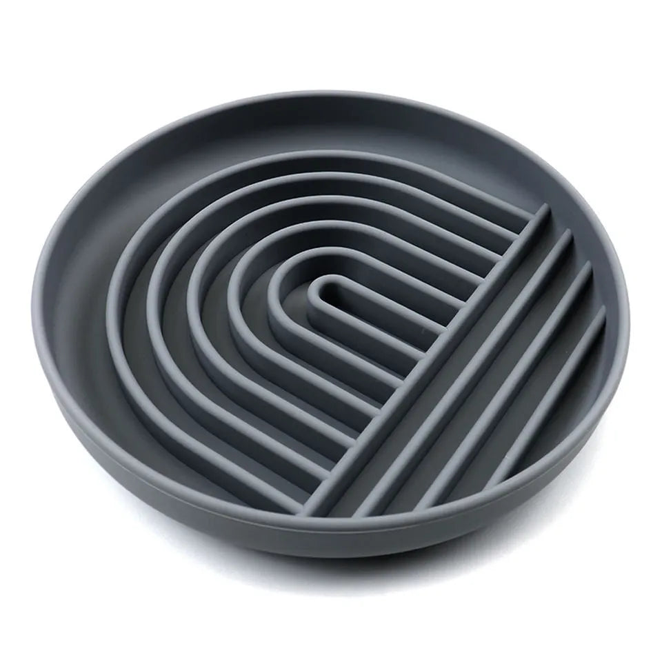 Silicone slow feeder bowl for dogs with ridges, measuring 19 cm, in beige, charcoal ash, grey blue, mango yellow, mustard green, or red.