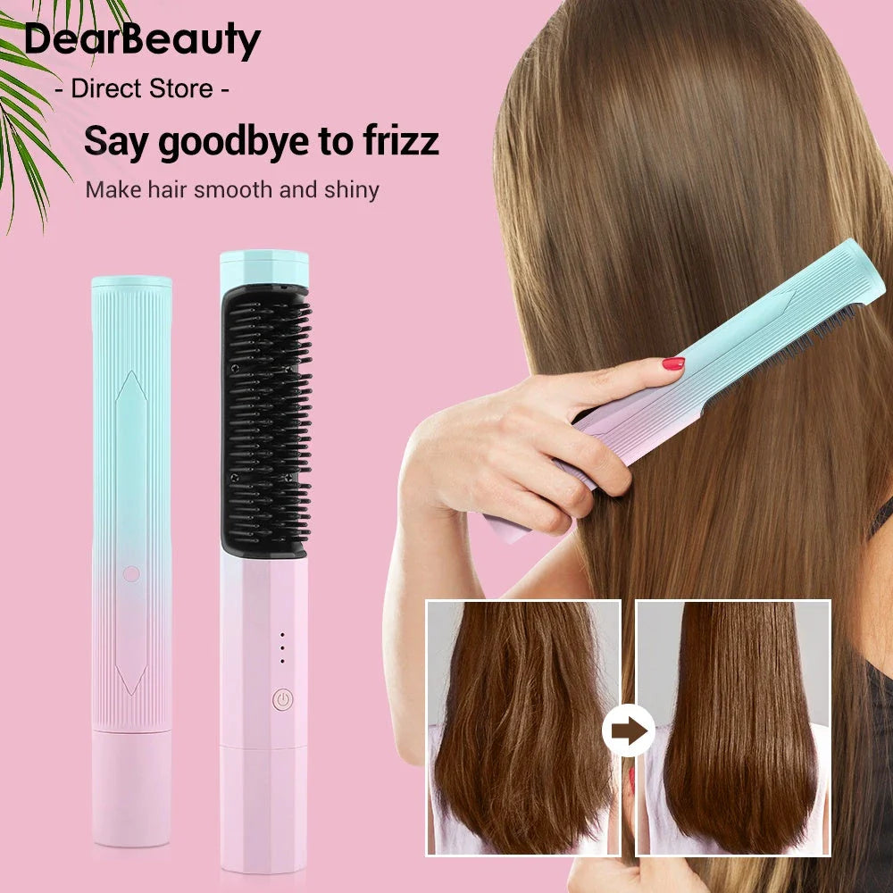 Cordless hair straightening brush with adjustable temperature settings, anti-scalding design, and high-capacity rechargeable battery for convenient, salon-quality styling.