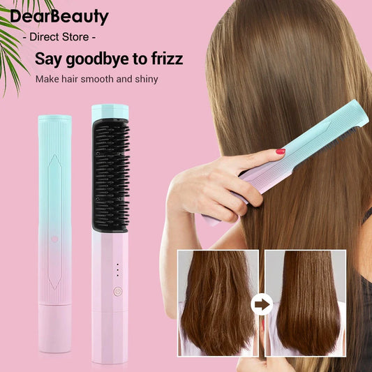 Cordless hair straightening brush with adjustable temperature settings, anti-scalding design, and high-capacity rechargeable battery for convenient, salon-quality styling.