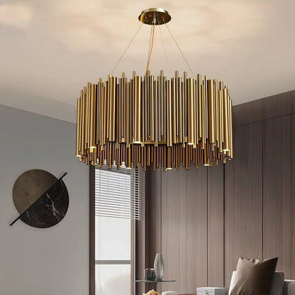 Postmodern iron chandelier with stainless steel construction and multiple G9 LED bulbs in layered configuration