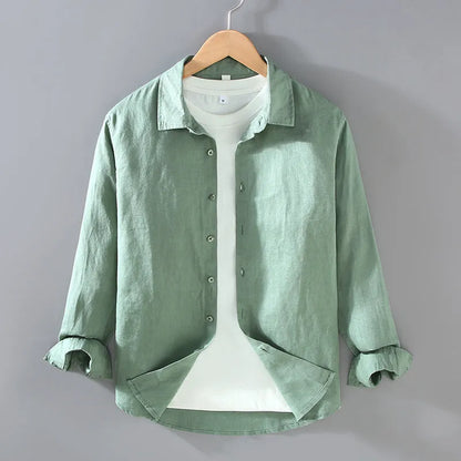 Pure linen men's cardigan shirt in a solid colour with long sleeves.