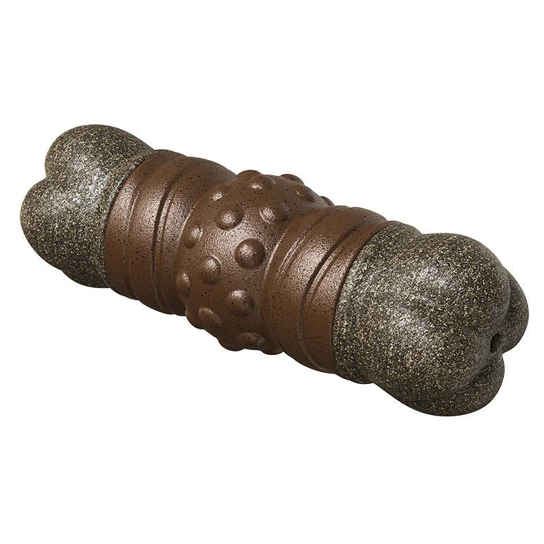 Wood colour plastic dog dental toy with textured surfaces measuring 15cm long for canine oral hygiene