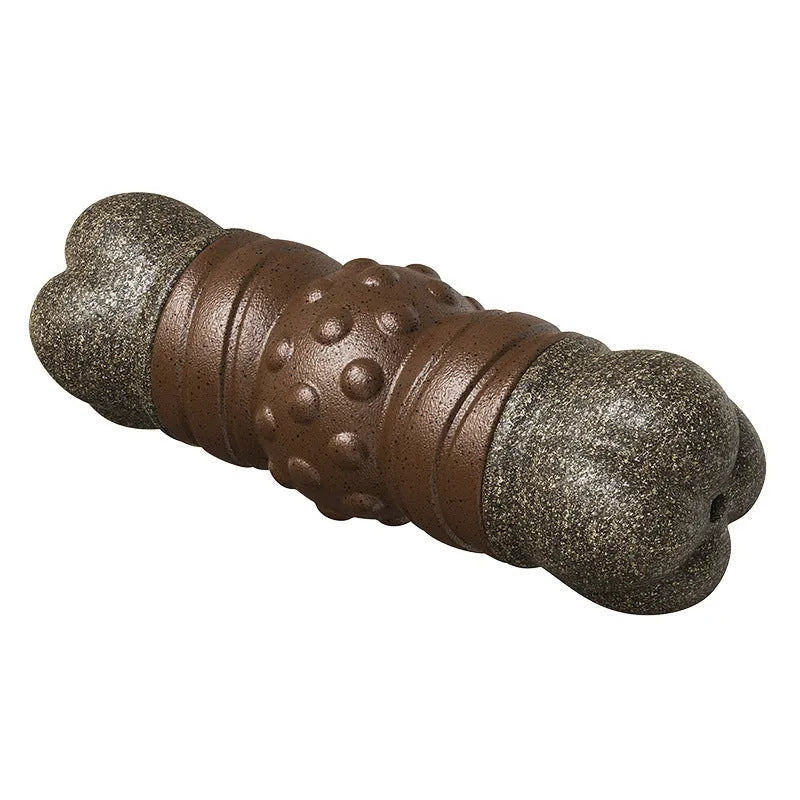 Wood-coloured plastic dog dental chew toy with textured surface for plaque control