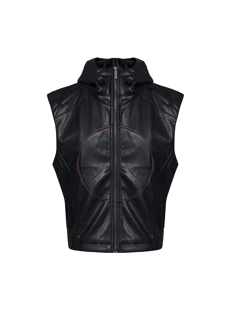 Black men's PU leather waistcoat coat with hood and five-pointed star design