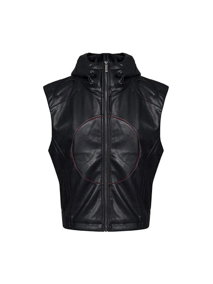 Black men's PU leather waistcoat coat with hood and five-pointed star design
