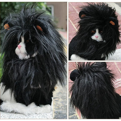 Black lion headgear wig hat costume accessory fitting on cat's head