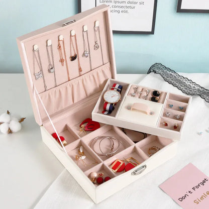 Red or white PU jewellery storage box with multiple compartments for necklaces and rings