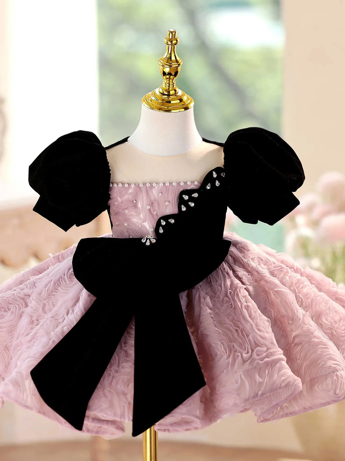 Girls' pink purple formal dress for piano performances with slim fit and round neck