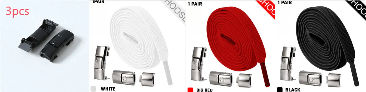 A pair of black widened flat elastic shoelaces with a silver press lock buckle on a white background.