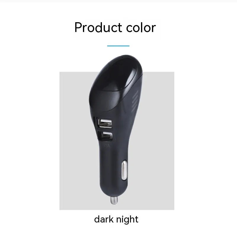 White car USB charger with integrated negative ion air purifier showing dimensions and vehicle power connection