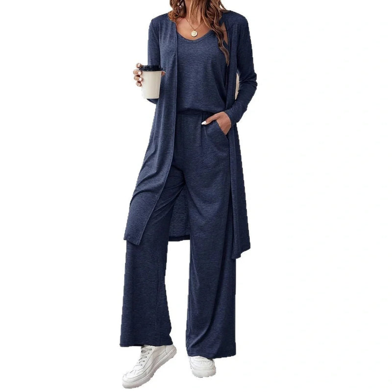 Sling top, long cardigan, and trousers three-piece suit in solid blue with Japanese and Korean casual styling, featuring polyester fabric and available in sizes S to XXL for versatile everyday wear.